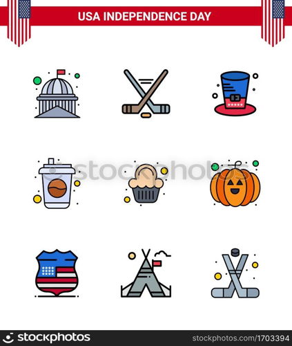 Set of 9 USA Day Icons American Symbols Independence Day Signs for cake; drink; american; cola; usa Editable USA Day Vector Design Elements