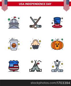 Set of 9 USA Day Icons American Symbols Independence Day Signs for cake; drink; american; cola; usa Editable USA Day Vector Design Elements