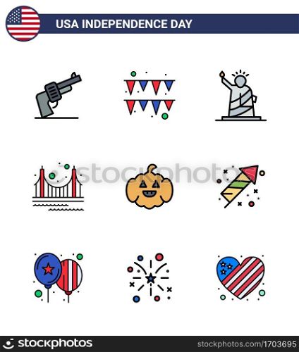 Set of 9 USA Day Icons American Symbols Independence Day Signs for pumkin; landmark; liberty; golden; bridge Editable USA Day Vector Design Elements