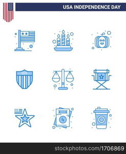 Set of 9 USA Day Icons American Symbols Independence Day Signs for scale  justice  pumpkin  court  seurity Editable USA Day Vector Design Elements