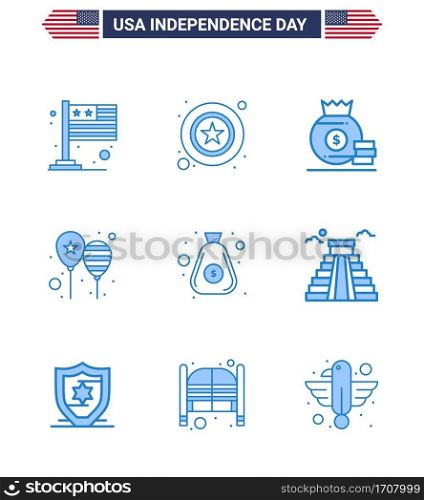 Set of 9 USA Day Icons American Symbols Independence Day Signs for dollar; party; dollar; day; balloons Editable USA Day Vector Design Elements