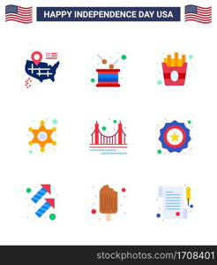 Set of 9 USA Day Icons American Symbols Independence Day Signs for golden  bridge  fast  police sign  police Editable USA Day Vector Design Elements