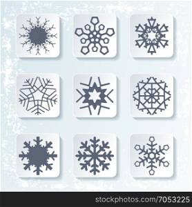Set of 9 various snowflake winter icons. Silhouette design. Rime background. Vector illustration.. Set various snowflakes