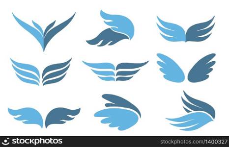 Set of 9 vector blue wings logo sign or illustration. Illustration isolated oh white background.. Set of vector elements wings logo sign