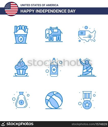 Set of 9 Vector Blues on 4th July USA Independence Day such as bottle; thanksgiving; states; sweet; dessert Editable USA Day Vector Design Elements