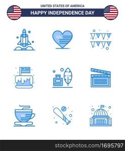 Set of 9 Vector Blues on 4th July USA Independence Day such as adobe  party  flag  independence  festival Editable USA Day Vector Design Elements