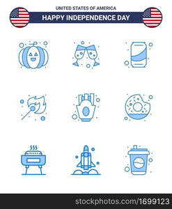 Set of 9 Vector Blues on 4th July USA Independence Day such as food; french fries; soda; chips; match Editable USA Day Vector Design Elements