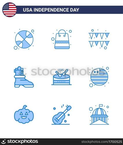 Set of 9 Vector Blues on 4th July USA Independence Day such as parade; instrument; festival; drum; boot Editable USA Day Vector Design Elements