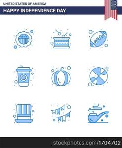 Set of 9 Vector Blues on 4th July USA Independence Day such as pumpkin  drink  independence  cola  american ball Editable USA Day Vector Design Elements