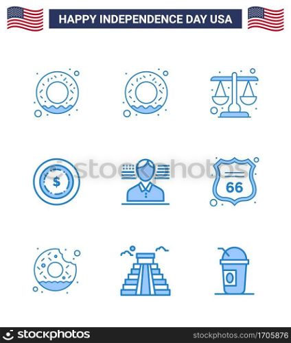 Set of 9 Vector Blues on 4th July USA Independence Day such as donut; sign; dollar; shield; flag Editable USA Day Vector Design Elements