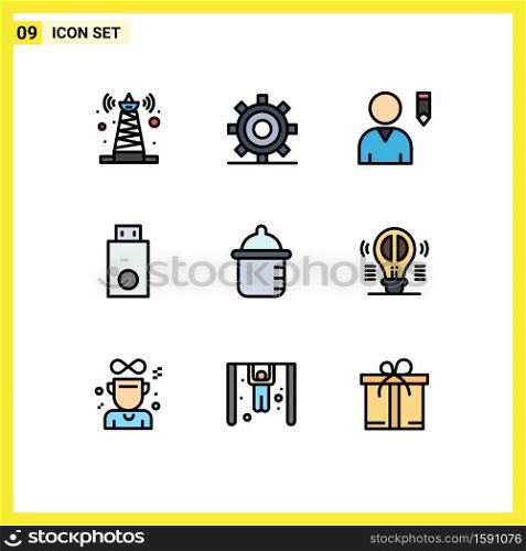 Set of 9 Vector Filledline Flat Colors on Grid for baby, products, programing, electronics, devices Editable Vector Design Elements