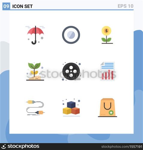 Set of 9 Vector Flat Colors on Grid for movie reel, plant, business, nature, farming Editable Vector Design Elements