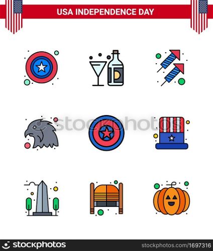 Set of 9 Vector Flat Filled Lines on 4th July USA Independence Day such as independece; eagle; glass; bird; shoot Editable USA Day Vector Design Elements