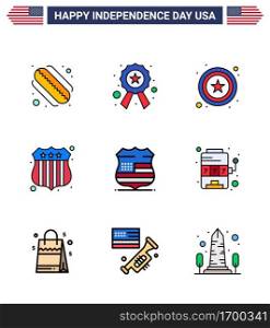 Set of 9 Vector Flat Filled Lines on 4th July USA Independence Day such as casino; usa; star; sign; usa police Editable USA Day Vector Design Elements