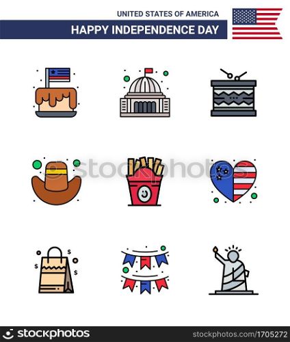 Set of 9 Vector Flat Filled Lines on 4th July USA Independence Day such as hat; american; landmark; st; irish Editable USA Day Vector Design Elements