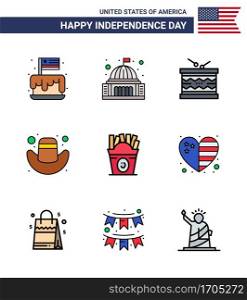 Set of 9 Vector Flat Filled Lines on 4th July USA Independence Day such as hat; american; landmark; st; irish Editable USA Day Vector Design Elements