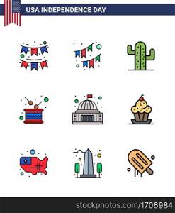 Set of 9 Vector Flat Filled Lines on 4th July USA Independence Day such as landmark; building; american; place; independence Editable USA Day Vector Design Elements
