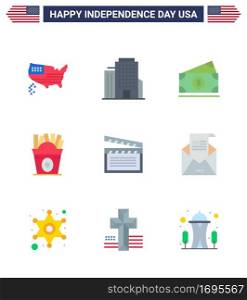 Set of 9 Vector Flats on 4th July USA Independence Day such as video; american; money; usa; fastfood Editable USA Day Vector Design Elements