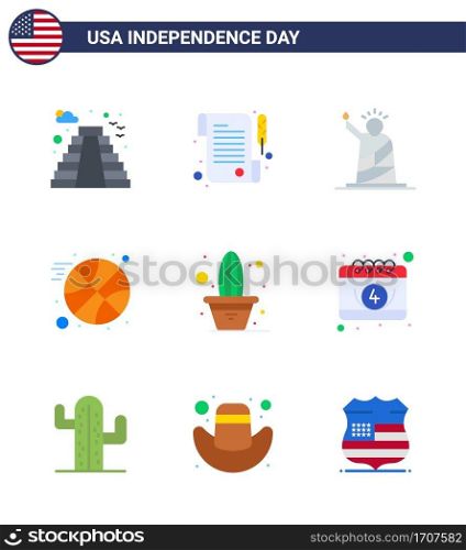 Set of 9 Vector Flats on 4th July USA Independence Day such as plant  cactus  liberty  sports  basketball Editable USA Day Vector Design Elements