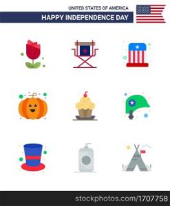 Set of 9 Vector Flats on 4th July USA Independence Day such as dessert; festival; television; pumpkin; hat Editable USA Day Vector Design Elements