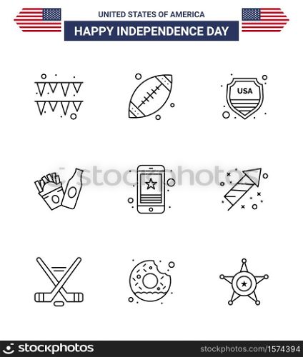 Set of 9 Vector Lines on 4th July USA Independence Day such as mobile; star; shield; cell; frise Editable USA Day Vector Design Elements