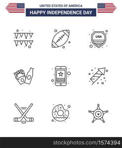 Set of 9 Vector Lines on 4th July USA Independence Day such as mobile; star; shield; cell; frise Editable USA Day Vector Design Elements