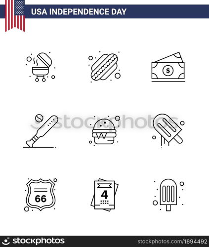 Set of 9 Vector Lines on 4th July USA Independence Day such as food; burger; amearican; usa; bat Editable USA Day Vector Design Elements