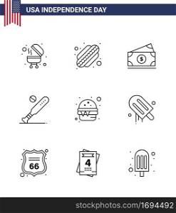 Set of 9 Vector Lines on 4th July USA Independence Day such as food; burger; amearican; usa; bat Editable USA Day Vector Design Elements