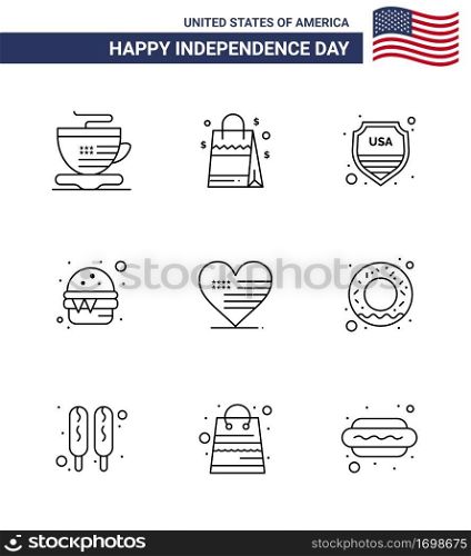 Set of 9 Vector Lines on 4th July USA Independence Day such as american; heart; shield; meal; fast Editable USA Day Vector Design Elements