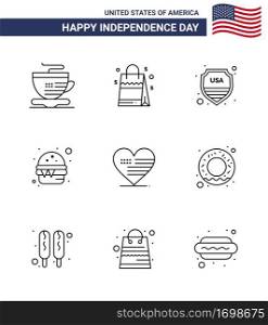 Set of 9 Vector Lines on 4th July USA Independence Day such as american; heart; shield; meal; fast Editable USA Day Vector Design Elements