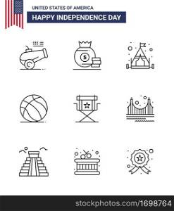 Set of 9 Vector Lines on 4th July USA Independence Day such as movies  chair  c& usa  ball Editable USA Day Vector Design Elements