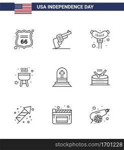 Set of 9 Vector Lines on 4th July USA Independence Day such as rip  grave  food  death  bbq Editable USA Day Vector Design Elements