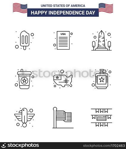 Set of 9 Vector Lines on 4th July USA Independence Day such as usa; states; sight; map; drink Editable USA Day Vector Design Elements