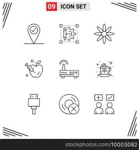 Set of 9 Vector Outlines on Grid for breakfast, signal, decoration, wifi, science Editable Vector Design Elements