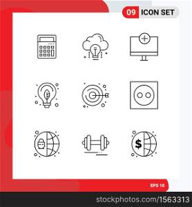 Set of 9 Vector Outlines on Grid for bulb, green, light, energy, gadget Editable Vector Design Elements