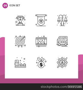 Set of 9 Vector Outlines on Grid for bus, video, lump, play store, business goal Editable Vector Design Elements