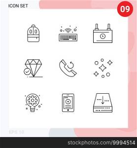 Set of 9 Vector Outlines on Grid for callback, call, battery, chalk, jewel Editable Vector Design Elements