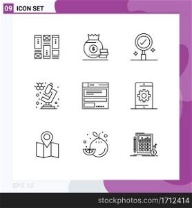 Set of 9 Vector Outlines on Grid for code, browser, business, file, microscope Editable Vector Design Elements