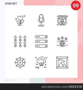 Set of 9 Vector Outlines on Grid for database, meat, microphone, kebab, server Editable Vector Design Elements