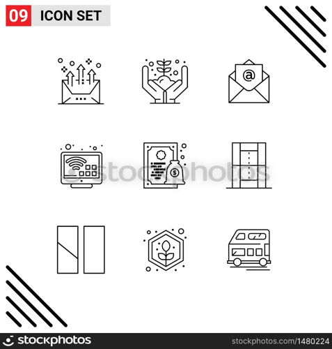 Set of 9 Vector Outlines on Grid for diploma, tv, plant, smart, entertainment Editable Vector Design Elements