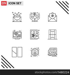 Set of 9 Vector Outlines on Grid for diploma, tv, plant, smart, entertainment Editable Vector Design Elements