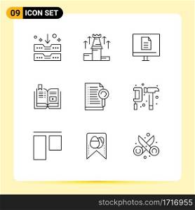 Set of 9 Vector Outlines on Grid for education, video, arrow, book, online Editable Vector Design Elements