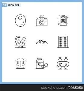 Set of 9 Vector Outlines on Grid for hill, hiking, hardware, nature, forest Editable Vector Design Elements