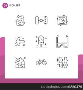 Set of 9 Vector Outlines on Grid for ice, cold, heart, left, arrow Editable Vector Design Elements