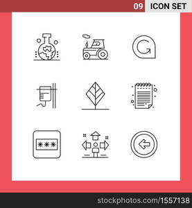 Set of 9 Vector Outlines on Grid for leaf, transfusion, game credits, rehydration, healthcare Editable Vector Design Elements