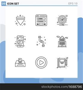 Set of 9 Vector Outlines on Grid for mechanical, phone, web, mobile, security Editable Vector Design Elements