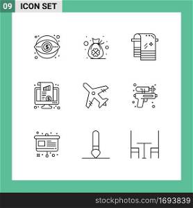 Set of 9 Vector Outlines on Grid for money, monitor, luck, kpi, wiping Editable Vector Design Elements