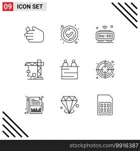 Set of 9 Vector Outlines on Grid for people, business, clock, crane, architecture Editable Vector Design Elements