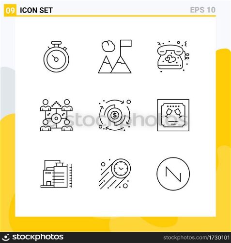 Set of 9 Vector Outlines on Grid for processing, dollar, love, share, network Editable Vector Design Elements