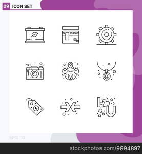 Set of 9 Vector Outlines on Grid for thinking, design, engine, creativity, search Editable Vector Design Elements